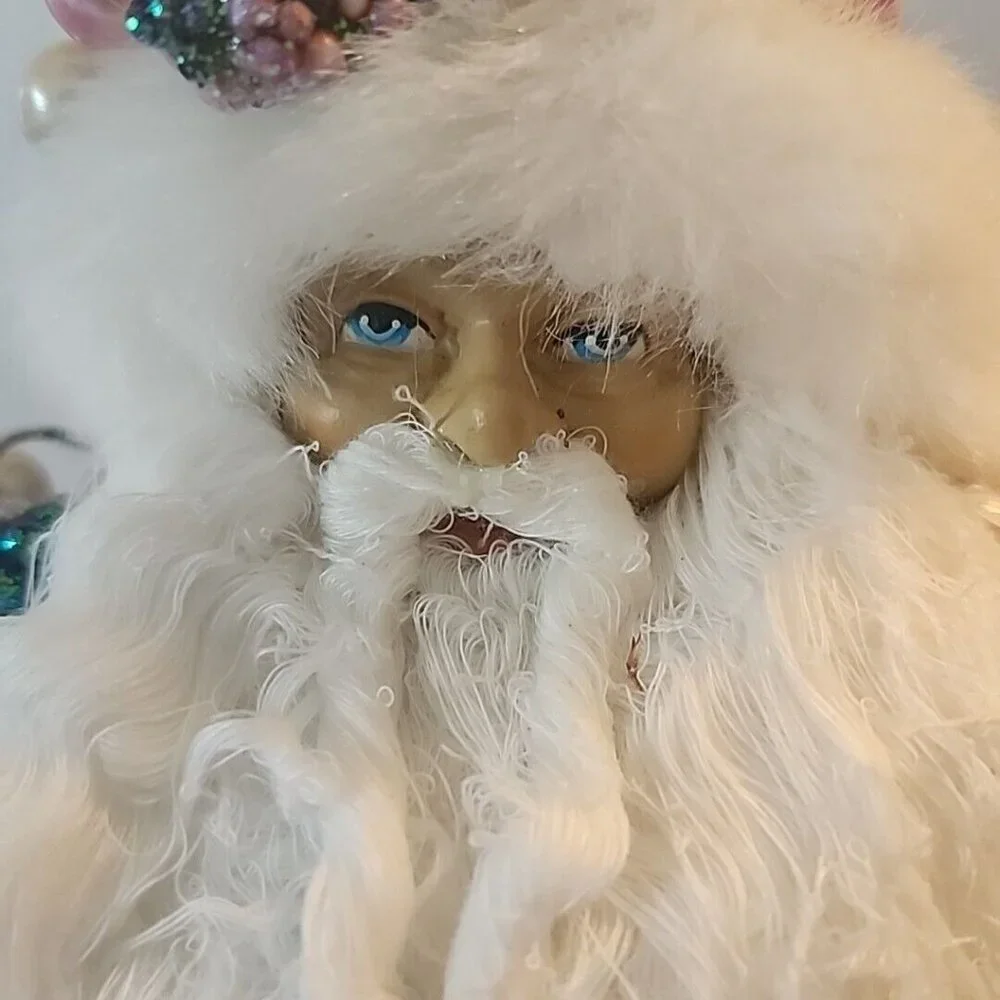Pink Velvet Santa 13.5” Tree Topper with Birds and Birdcage Fur Floral Vintage